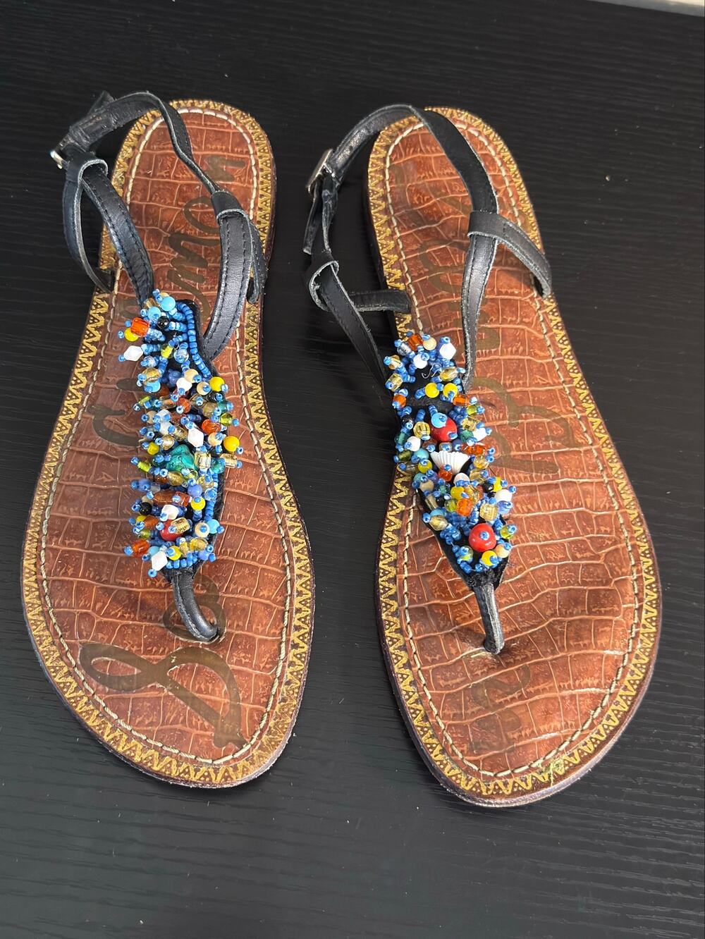 Sam Edelman Gigi Beaded Leather Thong Sandals Black Multicolor Women’s 8.5